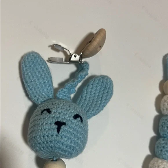 Hand Made Blue and White Bunny Pacifier Clip - Picture 2 of 5